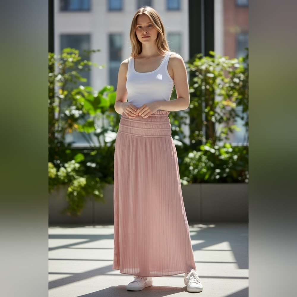 Philosophy Blush Pink Smocked Maxi Skirt Elastic Waist Large